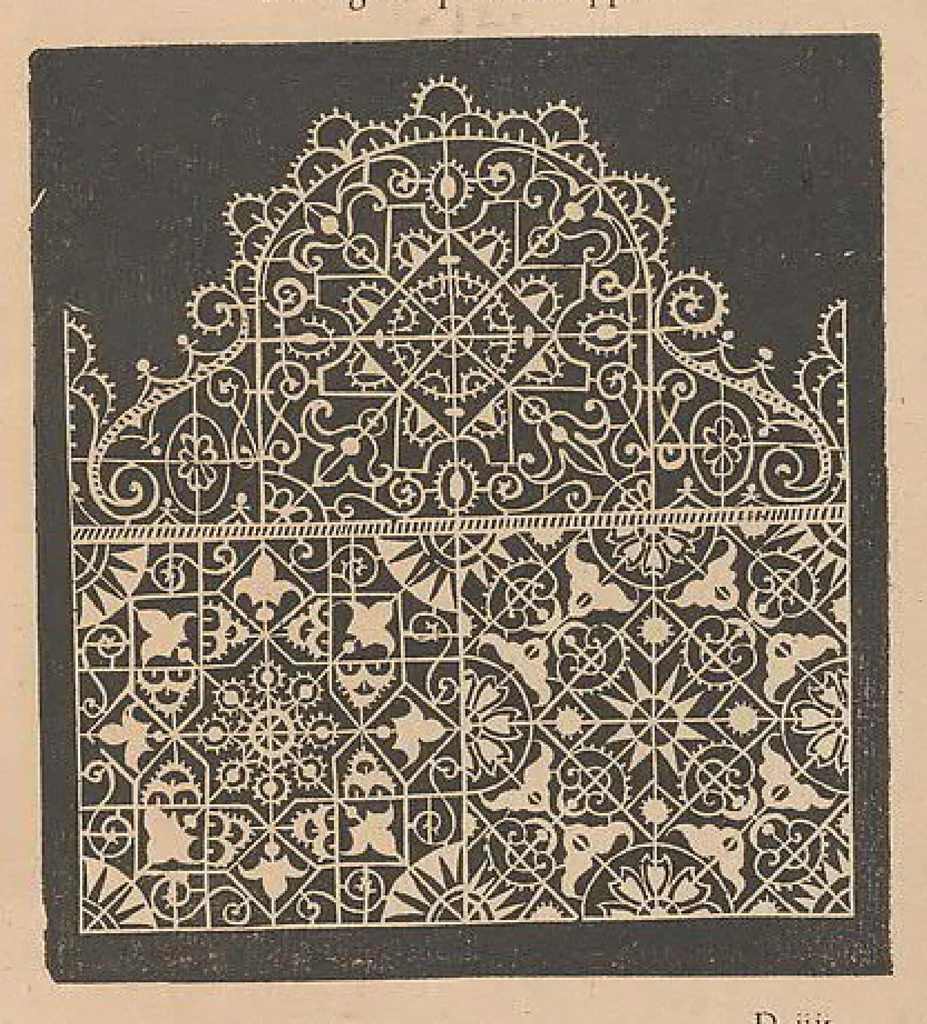 An illustration from Les singvliers et novveavx pourtraicts, du seigneur Federic Vinciolo Venitien, pour toutes sortes d'ouurages de lingerie. Dediela Royne: Derechef et povr la cinquiesme fois augmentez, outre le reseau premierle point couppé lacis de plusieurs beaux differents pourtraits de reseau de point compté, auec le nombre des mailles, choses non encore veuë ny inuentee, 1588, leaf 22