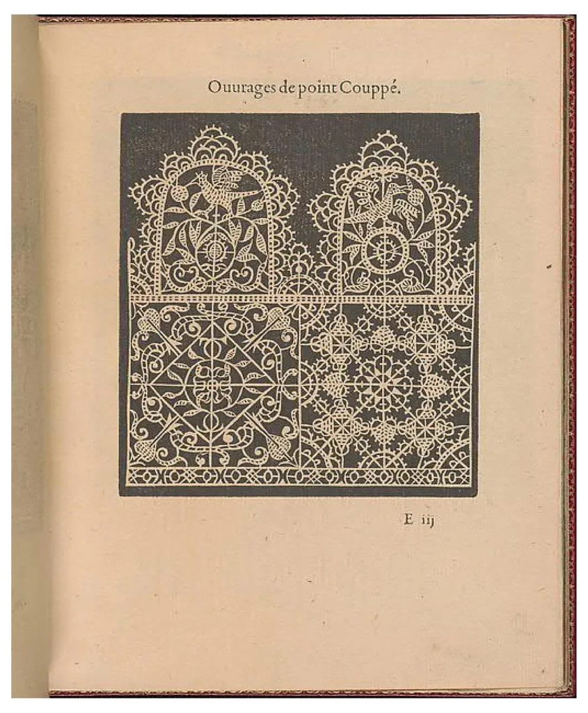 An illustration from Les singvliers et novveavx pourtraicts, du seigneur Federic Vinciolo Venitien, pour toutes sortes d'ouurages de lingerie. Dediela Royne: Derechef et povr la cinquiesme fois augmentez, outre le reseau premierle point couppé lacis de plusieurs beaux differents pourtraits de reseau de point compté, auec le nombre des mailles, choses non encore veuë ny inuentee, 1588, leaf 25