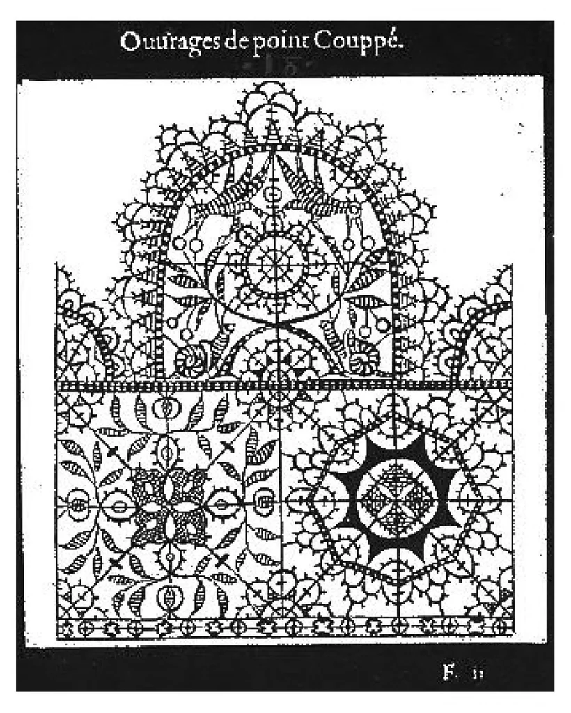 An illustration from Les singvliers et novveavx pourtraicts, du seigneur Federic Vinciolo Venitien, pour toutes sortes d'ouurages de lingerie. Dediela Royne: Derechef et povr la cinquiesme fois augmentez, outre le reseau premierle point couppé lacis de plusieurs beaux differents pourtraits de reseau de point compté, auec le nombre des mailles, choses non encore veuë ny inuentee, 1588, leaf 29