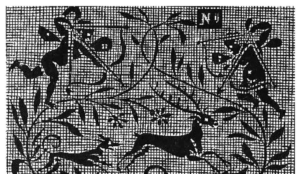 An illustration from Les singvliers et novveavx pourtraicts, du seigneur Federic Vinciolo Venitien, pour toutes sortes d'ouurages de lingerie. Dediela Royne: Derechef et povr la cinquiesme fois augmentez, outre le reseau premierle point couppé lacis de plusieurs beaux differents pourtraits de reseau de point compté, auec le nombre des mailles, choses non encore veuë ny inuentee, 1588, leaf 57