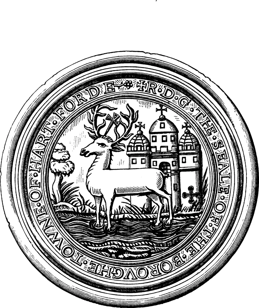 An illustration from The Visitations of Hertfordshire: Made by Robert Cooke, Esq., Clarencieux, in 1572, and Sir Richard St. George, Kt., Clarencieux, in 1634 with Hertfordshire Pedigrees from Harleian Mss. 6147 and 1546; edited by Walter C. Metcalfe, 1886, leaf 5