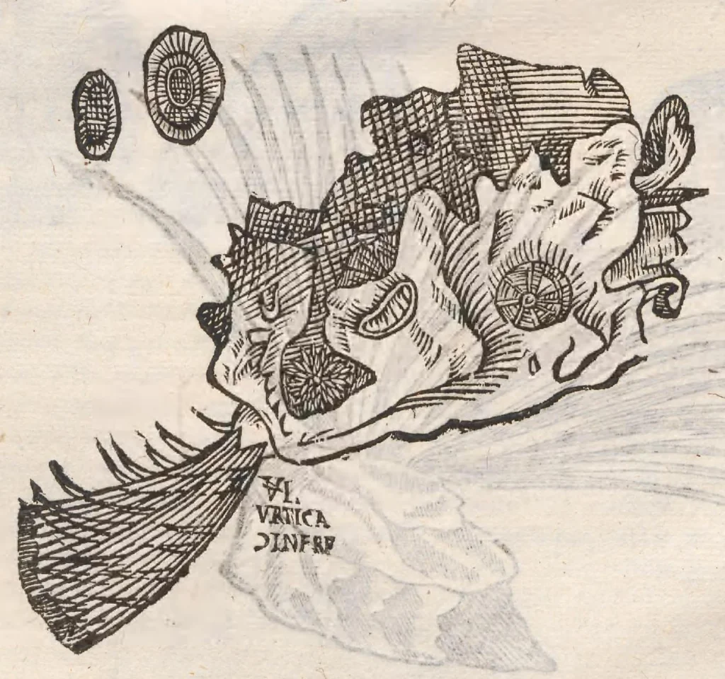 An illustration from Vlyssis Aldrovandi ... De reliquis animalibus exanguibus libri quatuor, post mortem eius editi : nempe de mollibvs, crvstaceis, testaceis et zoophytis, 1642, leaf 575