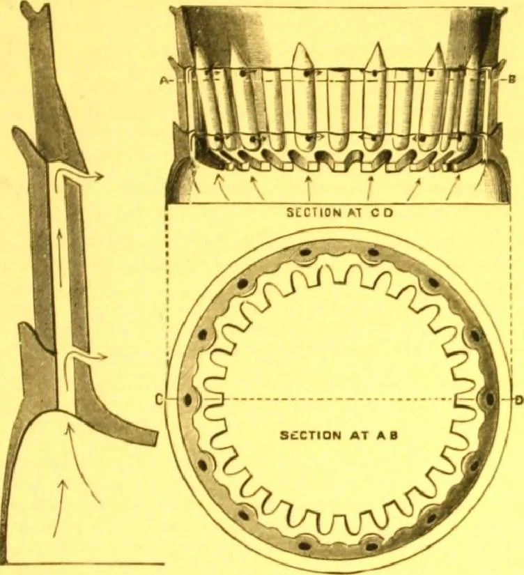 An illustration from Warming and ventilation for public buildings, schools, halls, stores, dwellings, etc., etc. : with a description of the Hess "pure air" furnaces, heaters, cooking stoves, ovens, fire-places; &c. : manufactured by the Hess Stove Works, Geo. H. Hess Co'y, proprietors ..., 1887, leaf 14