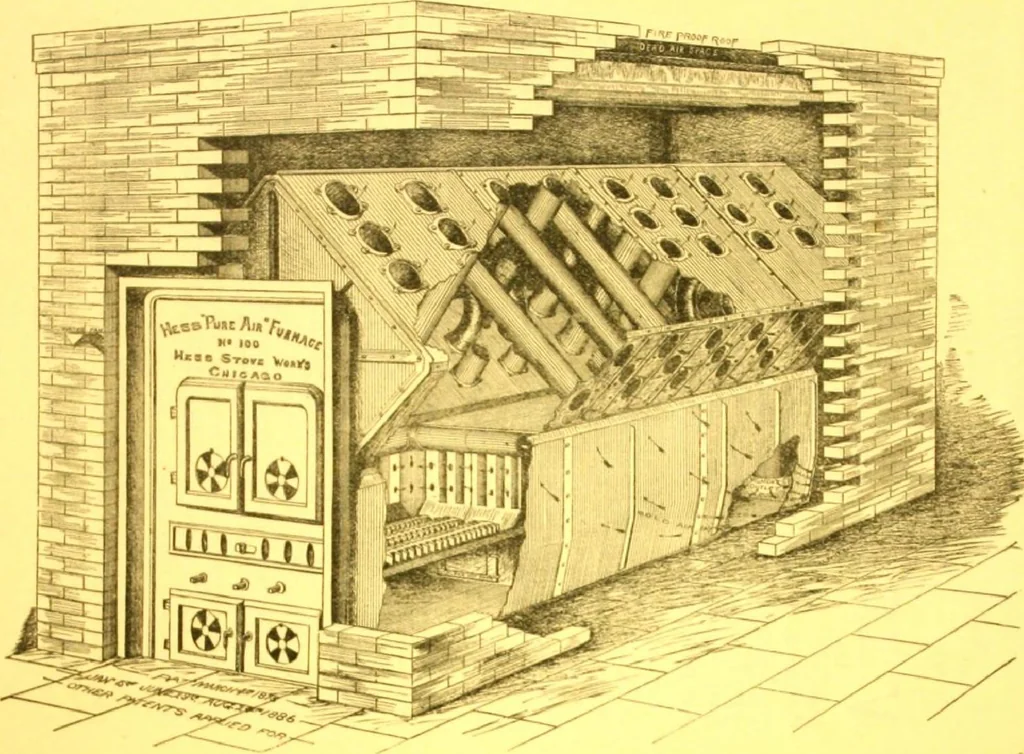 An illustration from Warming and ventilation for public buildings, schools, halls, stores, dwellings, etc., etc. : with a description of the Hess "pure air" furnaces, heaters, cooking stoves, ovens, fire-places; &c. : manufactured by the Hess Stove Works, Geo. H. Hess Co'y, proprietors ..., 1887, leaf 16
