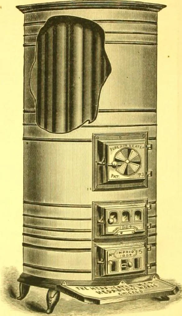 An illustration from Warming and ventilation for public buildings, schools, halls, stores, dwellings, etc., etc. : with a description of the Hess "pure air" furnaces, heaters, cooking stoves, ovens, fire-places; &c. : manufactured by the Hess Stove Works, Geo. H. Hess Co'y, proprietors ..., 1887, leaf 25