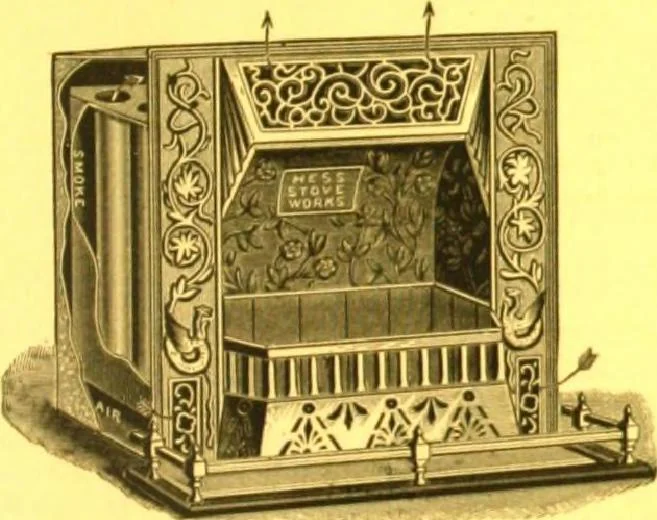 An illustration from Warming and ventilation for public buildings, schools, halls, stores, dwellings, etc., etc. : with a description of the Hess "pure air" furnaces, heaters, cooking stoves, ovens, fire-places; &c. : manufactured by the Hess Stove Works, Geo. H. Hess Co'y, proprietors ..., 1887, leaf 30
