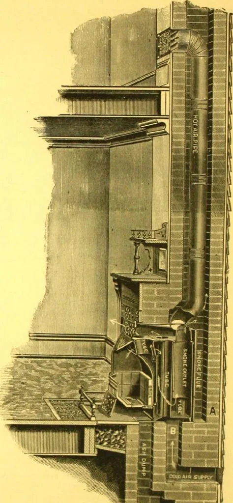 An illustration from Warming and ventilation for public buildings, schools, halls, stores, dwellings, etc., etc. : with a description of the Hess "pure air" furnaces, heaters, cooking stoves, ovens, fire-places; &c. : manufactured by the Hess Stove Works, Geo. H. Hess Co'y, proprietors ..., 1887, leaf 33