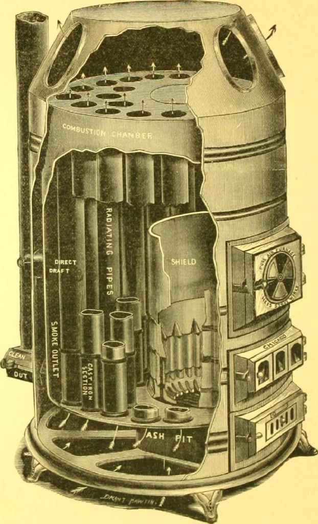 An illustration from Warming and ventilation for public buildings, schools, halls, stores, dwellings, etc., etc. : with a description of the Hess "pure air" furnaces, heaters, cooking stoves, ovens, fire-places; &c. : manufactured by the Hess Stove Works, Geo. H. Hess Co'y, proprietors ..., 1887, leaf 5