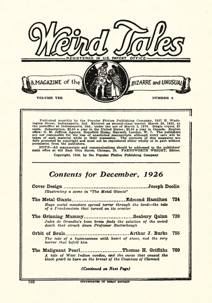 An illustration from Weird Tales, Vol. 8, No. 6 (December 1926), 1926, leaf 2