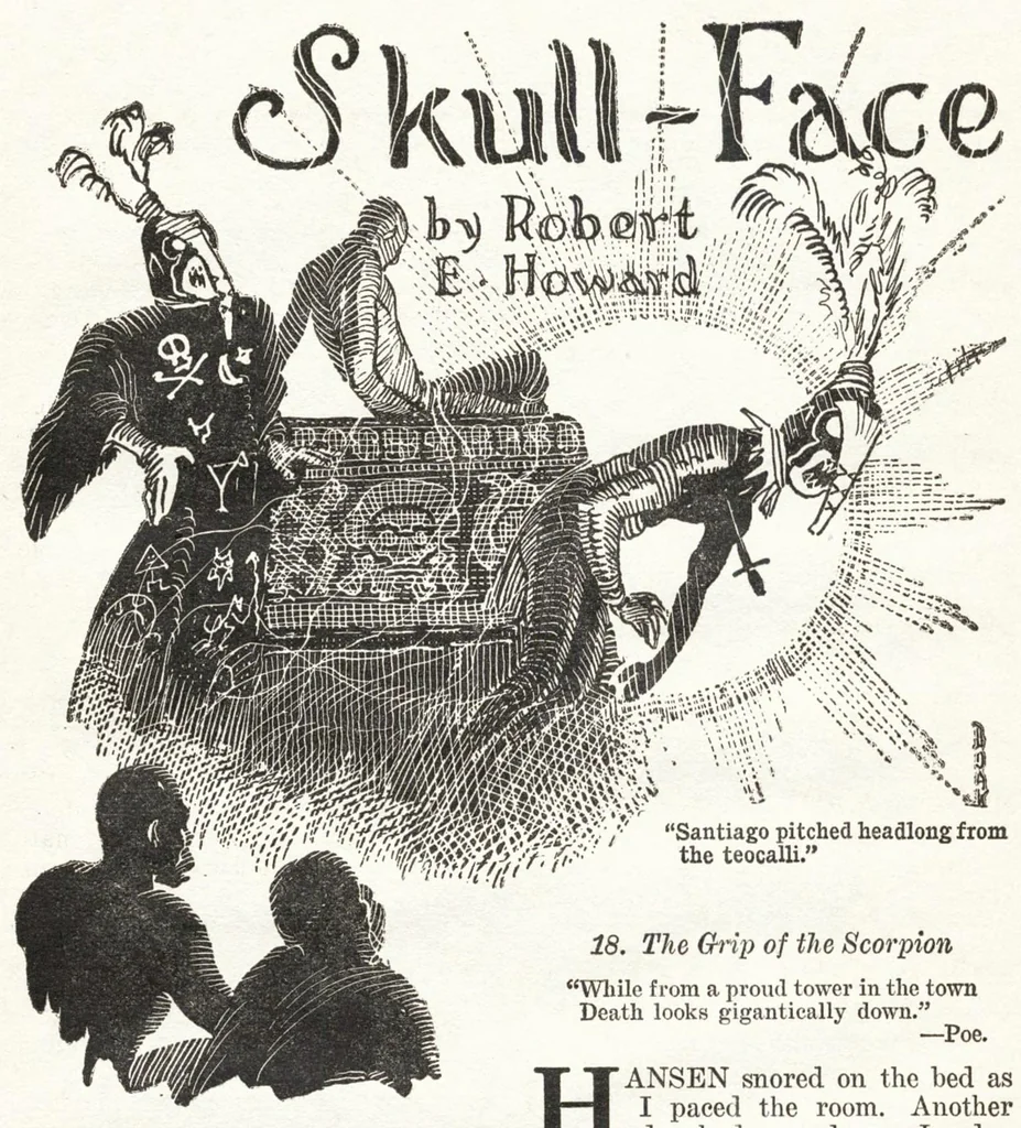 An illustration from Weird Tales, Vol. 14, No. 6 (December 1929), 1929, leaf 90