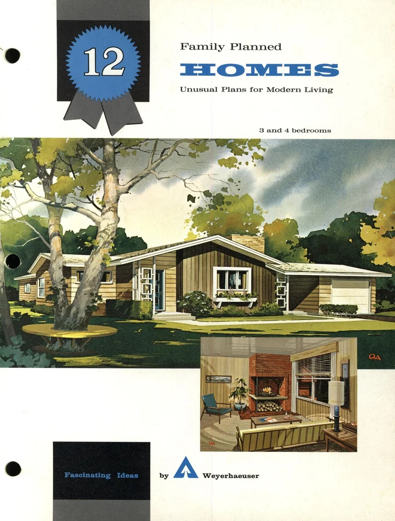 An illustration from 12 family planned homes: unusual plans for modern living, 3 and 4 bedrooms, 1961, leaf 0