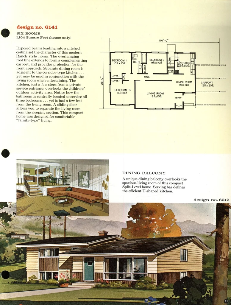 An illustration from 12 family planned homes: unusual plans for modern living, 3 and 4 bedrooms, 1961, leaf 10