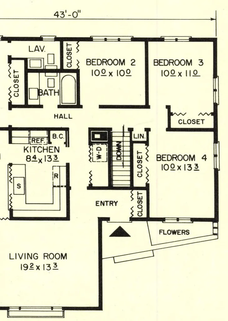 An illustration from 12 family planned homes: unusual plans for modern living, 3 and 4 bedrooms, 1961, leaf 11