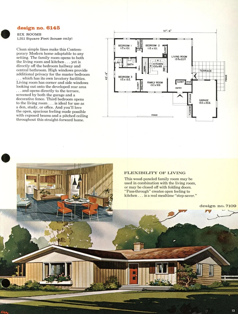 An illustration from 12 family planned homes: unusual plans for modern living, 3 and 4 bedrooms, 1961, leaf 12