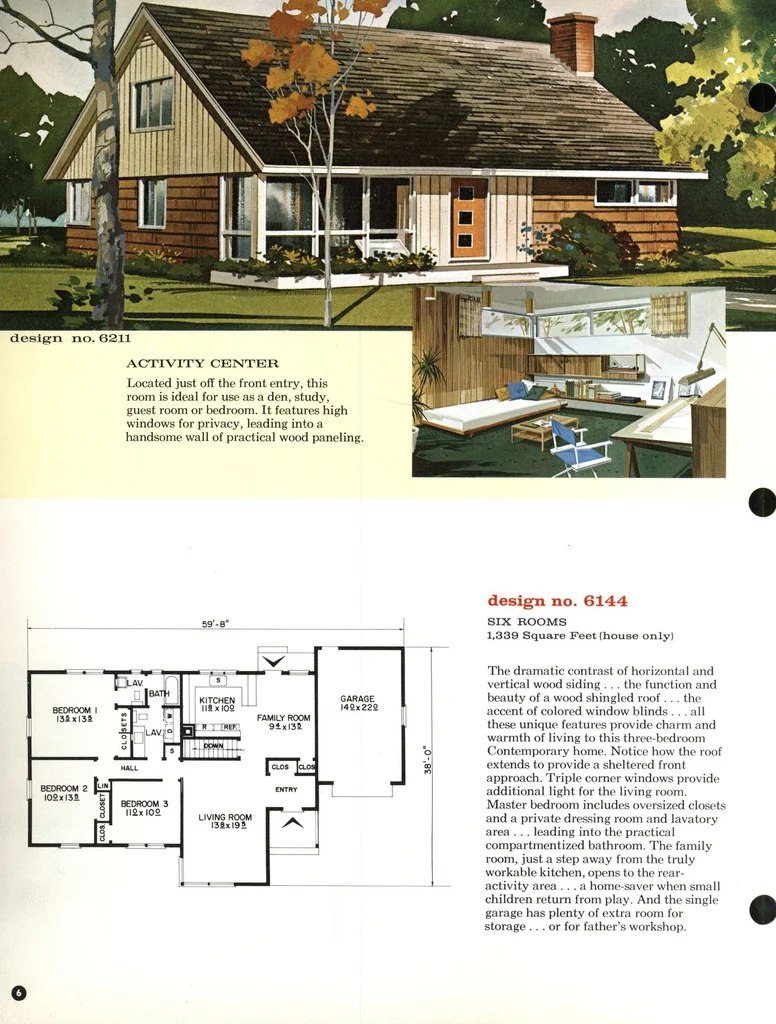 An illustration from 12 family planned homes: unusual plans for modern living, 3 and 4 bedrooms, 1961, leaf 5