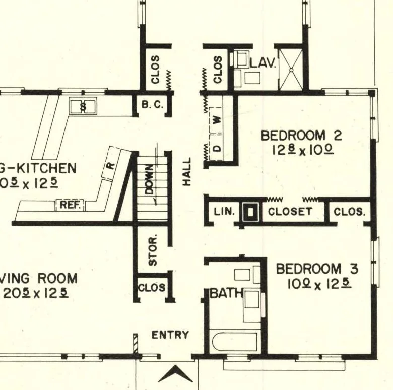 An illustration from 12 family planned homes: unusual plans for modern living, 3 and 4 bedrooms, 1961, leaf 7