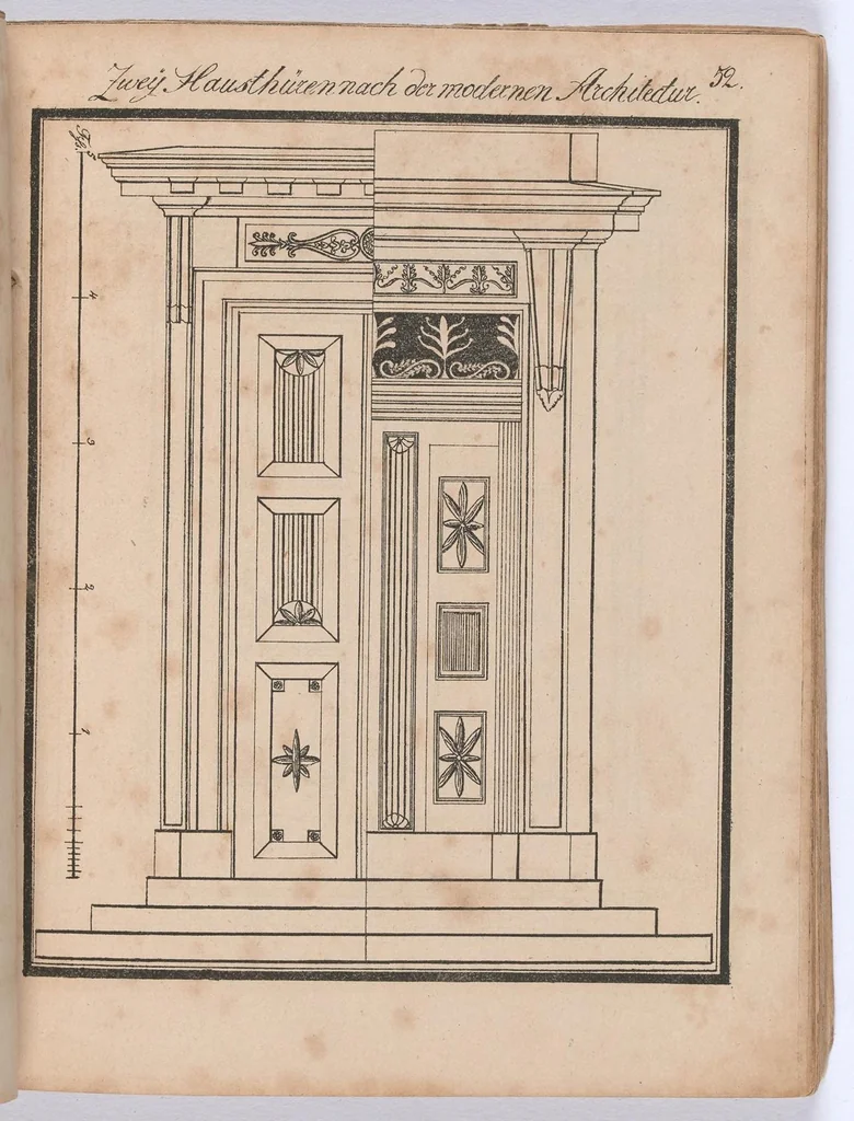 An illustration from Modell- und Masterbuch für Bau- und Möbel-Tischler : Enthaltend eine reichhaltige Sammlung geschmackvoller Abbildungen aller in der bürgerlichen und schönen Baukunst vorkommenden Gegenstände, als: Thüren, Fenster, Fensterladen, Thore, Treppen in Grund - und Profilrisssen, sowie der neuesten, elegantesten Londoner, Pariser, Wiener und Berliner Möbeln mit Grund-, Auf- und Profilrissen, besonders Secretairs oder Schreibschränke, Eck-, Porzellan-, Glas-, Wäsch- und Kleiderschränke, Commoden, Sopha's, alle Arten Stühle und Tische, Spiegel, Trumeaux, Consoles, Bettsponden, Wiegen, Waschtische, Uhrgehäuse etc. und aller übrigen Gegenstände, welche bei der Tischlerprofession vorkommen / Herausgegeben von Marius Wolfer, 1829, leaf 108