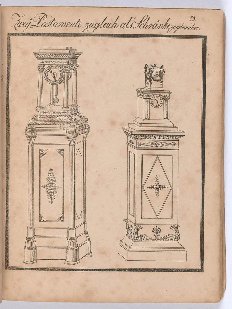 An illustration from Modell- und Masterbuch für Bau- und Möbel-Tischler : Enthaltend eine reichhaltige Sammlung geschmackvoller Abbildungen aller in der bürgerlichen und schönen Baukunst vorkommenden Gegenstände, als: Thüren, Fenster, Fensterladen, Thore, Treppen in Grund - und Profilrisssen, sowie der neuesten, elegantesten Londoner, Pariser, Wiener und Berliner Möbeln mit Grund-, Auf- und Profilrissen, besonders Secretairs oder Schreibschränke, Eck-, Porzellan-, Glas-, Wäsch- und Kleiderschränke, Commoden, Sopha's, alle Arten Stühle und Tische, Spiegel, Trumeaux, Consoles, Bettsponden, Wiegen, Waschtische, Uhrgehäuse etc. und aller übrigen Gegenstände, welche bei der Tischlerprofession vorkommen / Herausgegeben von Marius Wolfer, 1829, leaf 150