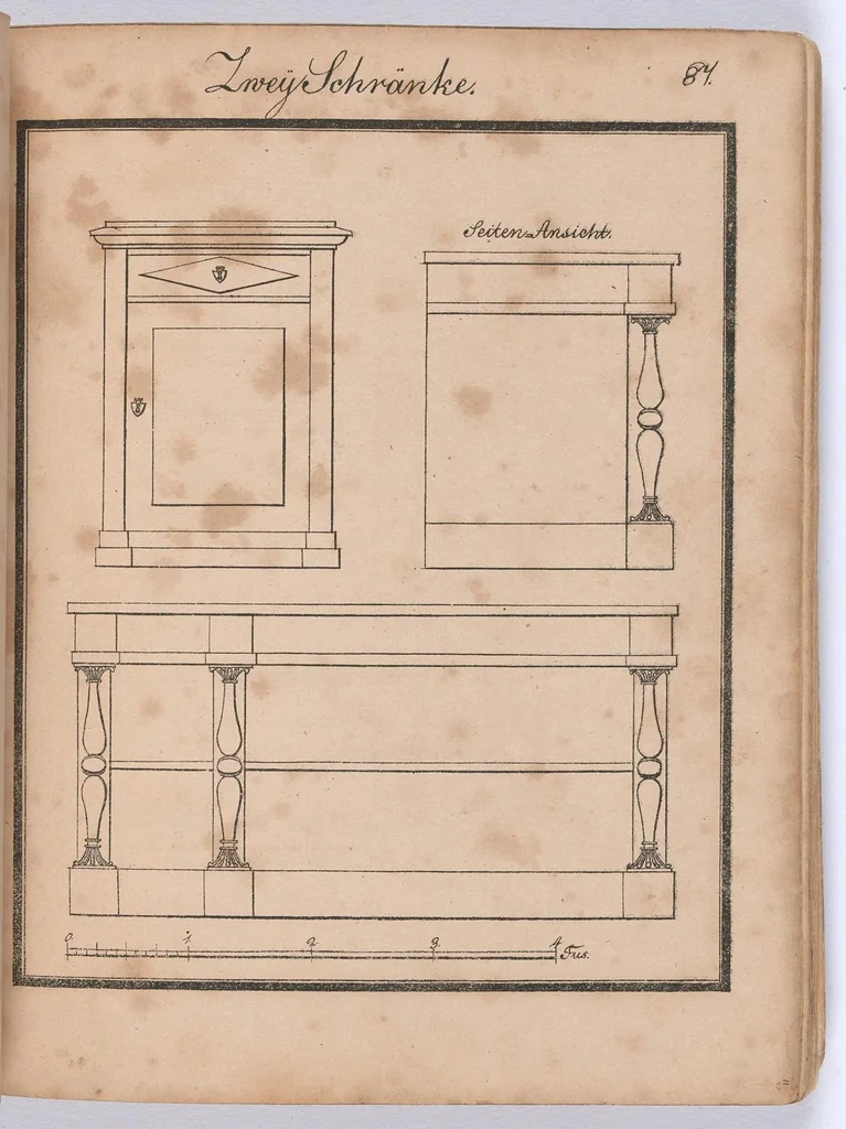 An illustration from Modell- und Masterbuch für Bau- und Möbel-Tischler : Enthaltend eine reichhaltige Sammlung geschmackvoller Abbildungen aller in der bürgerlichen und schönen Baukunst vorkommenden Gegenstände, als: Thüren, Fenster, Fensterladen, Thore, Treppen in Grund - und Profilrisssen, sowie der neuesten, elegantesten Londoner, Pariser, Wiener und Berliner Möbeln mit Grund-, Auf- und Profilrissen, besonders Secretairs oder Schreibschränke, Eck-, Porzellan-, Glas-, Wäsch- und Kleiderschränke, Commoden, Sopha's, alle Arten Stühle und Tische, Spiegel, Trumeaux, Consoles, Bettsponden, Wiegen, Waschtische, Uhrgehäuse etc. und aller übrigen Gegenstände, welche bei der Tischlerprofession vorkommen / Herausgegeben von Marius Wolfer, 1829, leaf 178
