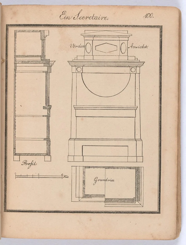 An illustration from Modell- und Masterbuch für Bau- und Möbel-Tischler : Enthaltend eine reichhaltige Sammlung geschmackvoller Abbildungen aller in der bürgerlichen und schönen Baukunst vorkommenden Gegenstände, als: Thüren, Fenster, Fensterladen, Thore, Treppen in Grund - und Profilrisssen, sowie der neuesten, elegantesten Londoner, Pariser, Wiener und Berliner Möbeln mit Grund-, Auf- und Profilrissen, besonders Secretairs oder Schreibschränke, Eck-, Porzellan-, Glas-, Wäsch- und Kleiderschränke, Commoden, Sopha's, alle Arten Stühle und Tische, Spiegel, Trumeaux, Consoles, Bettsponden, Wiegen, Waschtische, Uhrgehäuse etc. und aller übrigen Gegenstände, welche bei der Tischlerprofession vorkommen / Herausgegeben von Marius Wolfer, 1829, leaf 204