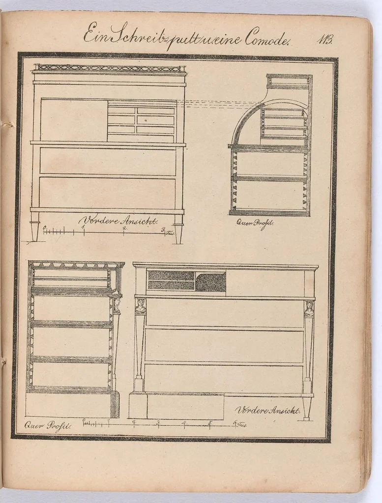 An illustration from Modell- und Masterbuch für Bau- und Möbel-Tischler : Enthaltend eine reichhaltige Sammlung geschmackvoller Abbildungen aller in der bürgerlichen und schönen Baukunst vorkommenden Gegenstände, als: Thüren, Fenster, Fensterladen, Thore, Treppen in Grund - und Profilrisssen, sowie der neuesten, elegantesten Londoner, Pariser, Wiener und Berliner Möbeln mit Grund-, Auf- und Profilrissen, besonders Secretairs oder Schreibschränke, Eck-, Porzellan-, Glas-, Wäsch- und Kleiderschränke, Commoden, Sopha's, alle Arten Stühle und Tische, Spiegel, Trumeaux, Consoles, Bettsponden, Wiegen, Waschtische, Uhrgehäuse etc. und aller übrigen Gegenstände, welche bei der Tischlerprofession vorkommen / Herausgegeben von Marius Wolfer, 1829, leaf 230