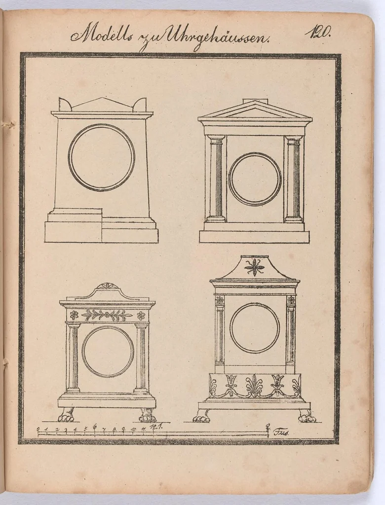 An illustration from Modell- und Masterbuch für Bau- und Möbel-Tischler : Enthaltend eine reichhaltige Sammlung geschmackvoller Abbildungen aller in der bürgerlichen und schönen Baukunst vorkommenden Gegenstände, als: Thüren, Fenster, Fensterladen, Thore, Treppen in Grund - und Profilrisssen, sowie der neuesten, elegantesten Londoner, Pariser, Wiener und Berliner Möbeln mit Grund-, Auf- und Profilrissen, besonders Secretairs oder Schreibschränke, Eck-, Porzellan-, Glas-, Wäsch- und Kleiderschränke, Commoden, Sopha's, alle Arten Stühle und Tische, Spiegel, Trumeaux, Consoles, Bettsponden, Wiegen, Waschtische, Uhrgehäuse etc. und aller übrigen Gegenstände, welche bei der Tischlerprofession vorkommen / Herausgegeben von Marius Wolfer, 1829, leaf 244