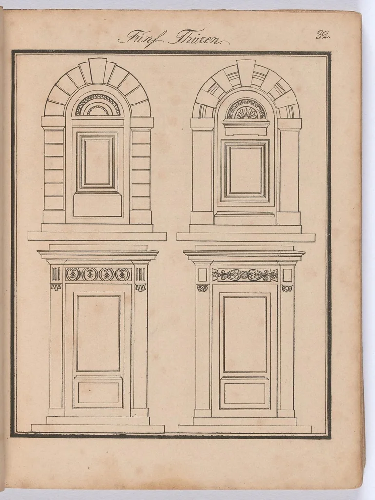 An illustration from Modell- und Masterbuch für Bau- und Möbel-Tischler : Enthaltend eine reichhaltige Sammlung geschmackvoller Abbildungen aller in der bürgerlichen und schönen Baukunst vorkommenden Gegenstände, als: Thüren, Fenster, Fensterladen, Thore, Treppen in Grund - und Profilrisssen, sowie der neuesten, elegantesten Londoner, Pariser, Wiener und Berliner Möbeln mit Grund-, Auf- und Profilrissen, besonders Secretairs oder Schreibschränke, Eck-, Porzellan-, Glas-, Wäsch- und Kleiderschränke, Commoden, Sopha's, alle Arten Stühle und Tische, Spiegel, Trumeaux, Consoles, Bettsponden, Wiegen, Waschtische, Uhrgehäuse etc. und aller übrigen Gegenstände, welche bei der Tischlerprofession vorkommen / Herausgegeben von Marius Wolfer, 1829, leaf 68