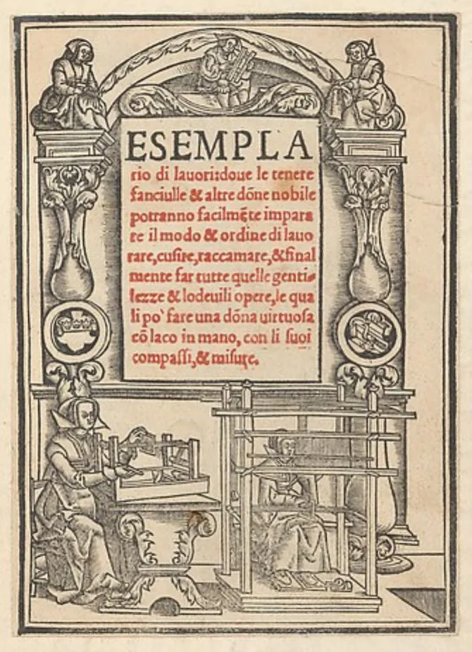 An illustration from Esemplario di lavori, dove le tenere fanciullealtre donne nobile potranno facilmente imparare il modoordine di lavorare, cusire, raccamare,finalmente far tutte quelle gentilezzelodevoli opere, le quali po' fare una donna virtuosa con laco [!] in mano, con li suoi compassi, misure., 1529, leaf 0