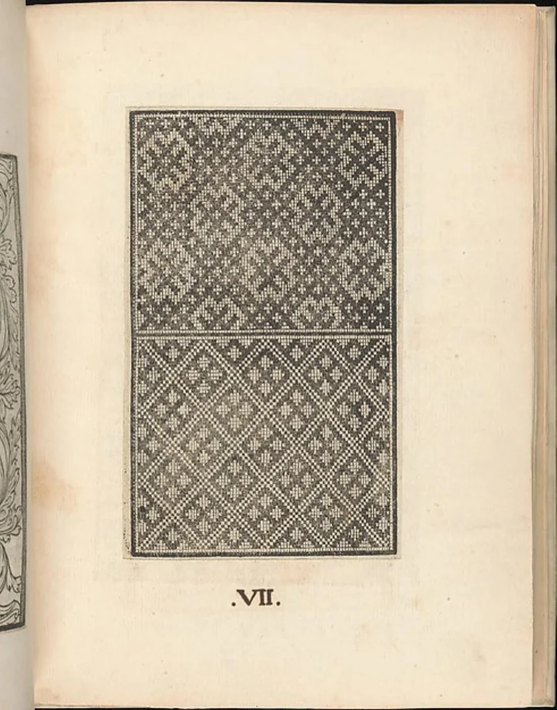 An illustration from Esemplario di lavori, dove le tenere fanciullealtre donne nobile potranno facilmente imparare il modoordine di lavorare, cusire, raccamare,finalmente far tutte quelle gentilezzelodevoli opere, le quali po' fare una donna virtuosa con laco [!] in mano, con li suoi compassi, misure., 1529, leaf 11