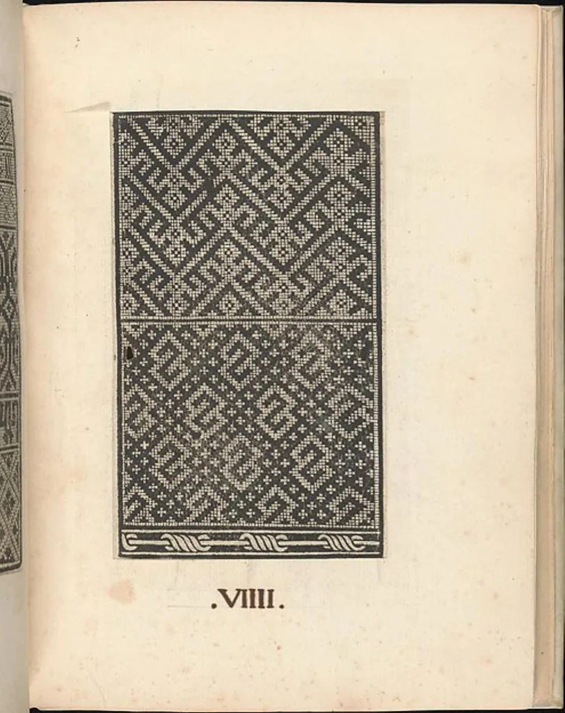 An illustration from Esemplario di lavori, dove le tenere fanciullealtre donne nobile potranno facilmente imparare il modoordine di lavorare, cusire, raccamare,finalmente far tutte quelle gentilezzelodevoli opere, le quali po' fare una donna virtuosa con laco [!] in mano, con li suoi compassi, misure., 1529, leaf 15