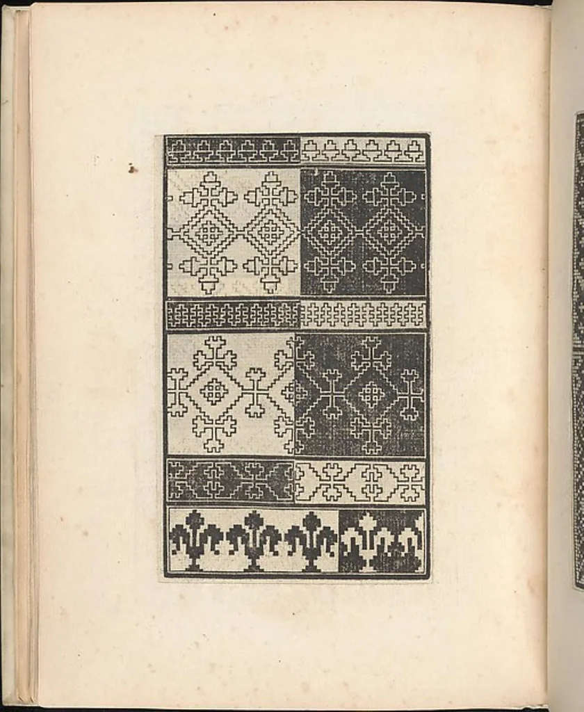 An illustration from Esemplario di lavori, dove le tenere fanciullealtre donne nobile potranno facilmente imparare il modoordine di lavorare, cusire, raccamare,finalmente far tutte quelle gentilezzelodevoli opere, le quali po' fare una donna virtuosa con laco [!] in mano, con li suoi compassi, misure., 1529, leaf 18
