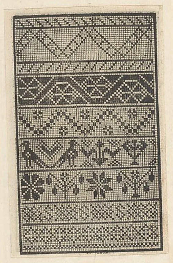 An illustration from Esemplario di lavori, dove le tenere fanciullealtre donne nobile potranno facilmente imparare il modoordine di lavorare, cusire, raccamare,finalmente far tutte quelle gentilezzelodevoli opere, le quali po' fare una donna virtuosa con laco [!] in mano, con li suoi compassi, misure., 1529, leaf 20