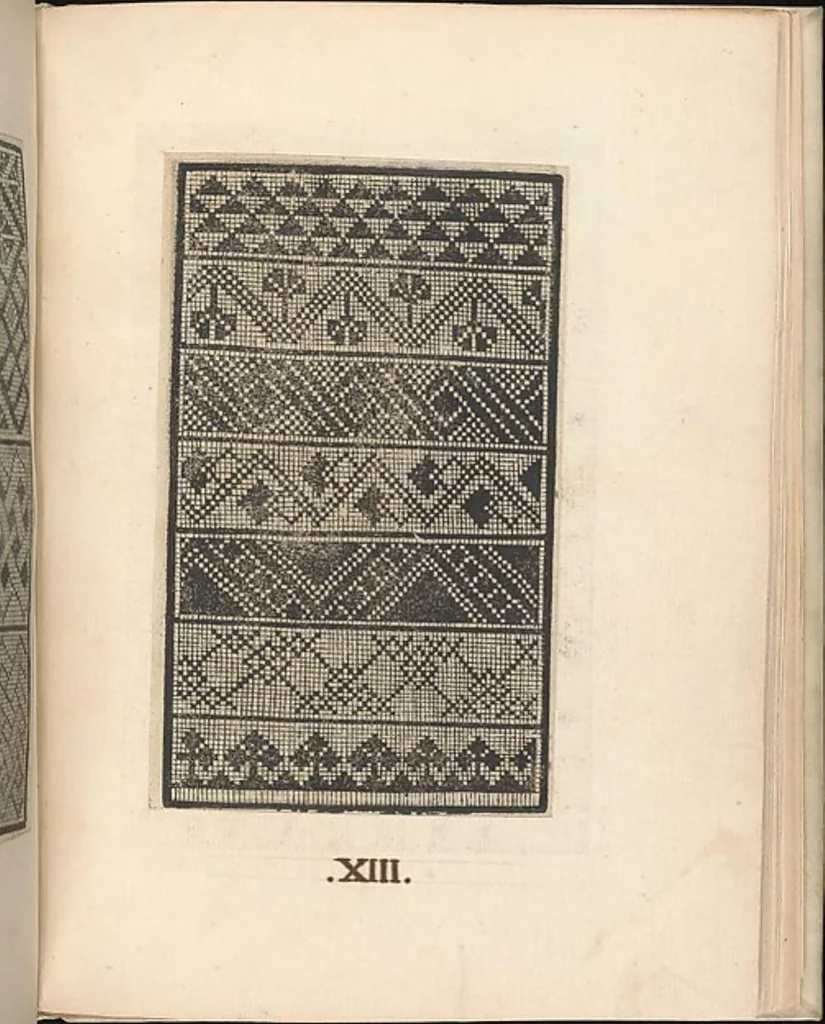 An illustration from Esemplario di lavori, dove le tenere fanciullealtre donne nobile potranno facilmente imparare il modoordine di lavorare, cusire, raccamare,finalmente far tutte quelle gentilezzelodevoli opere, le quali po' fare una donna virtuosa con laco [!] in mano, con li suoi compassi, misure., 1529, leaf 23