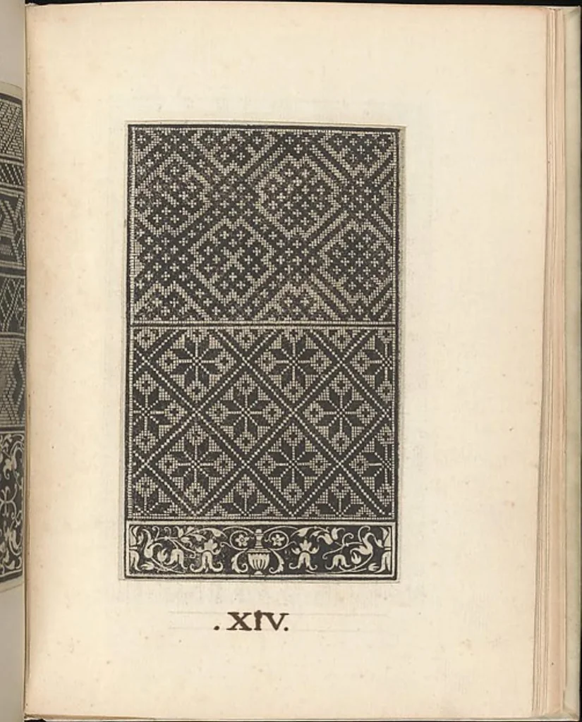 An illustration from Esemplario di lavori, dove le tenere fanciullealtre donne nobile potranno facilmente imparare il modoordine di lavorare, cusire, raccamare,finalmente far tutte quelle gentilezzelodevoli opere, le quali po' fare una donna virtuosa con laco [!] in mano, con li suoi compassi, misure., 1529, leaf 25
