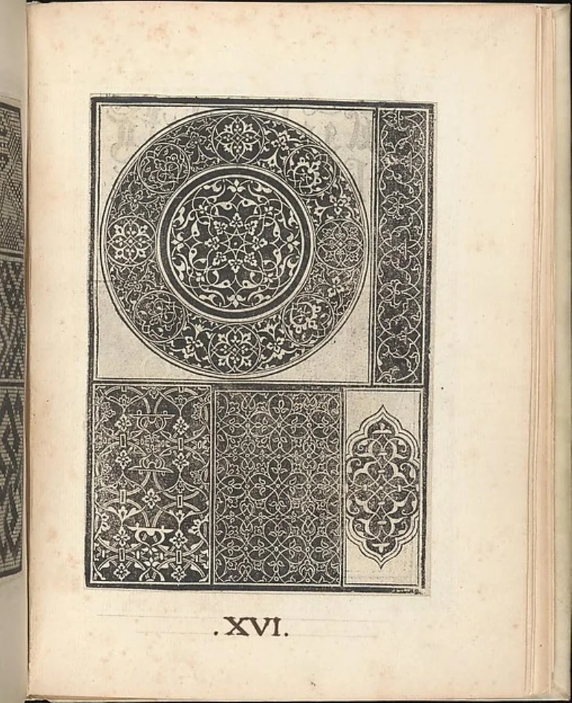 An illustration from Esemplario di lavori, dove le tenere fanciullealtre donne nobile potranno facilmente imparare il modoordine di lavorare, cusire, raccamare,finalmente far tutte quelle gentilezzelodevoli opere, le quali po' fare una donna virtuosa con laco [!] in mano, con li suoi compassi, misure., 1529, leaf 29