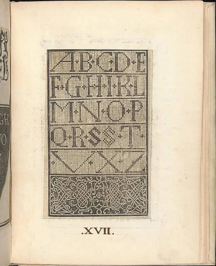 An illustration from Esemplario di lavori, dove le tenere fanciullealtre donne nobile potranno facilmente imparare il modoordine di lavorare, cusire, raccamare,finalmente far tutte quelle gentilezzelodevoli opere, le quali po' fare una donna virtuosa con laco [!] in mano, con li suoi compassi, misure., 1529, leaf 31