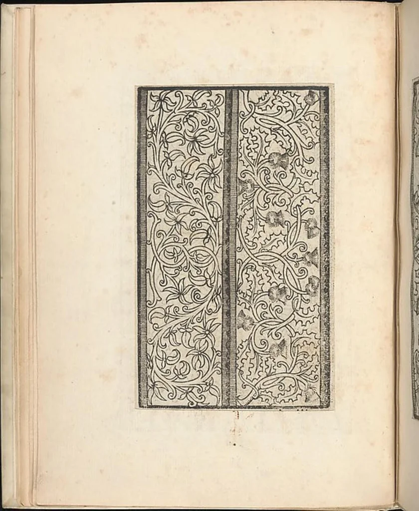 An illustration from Esemplario di lavori, dove le tenere fanciullealtre donne nobile potranno facilmente imparare il modoordine di lavorare, cusire, raccamare,finalmente far tutte quelle gentilezzelodevoli opere, le quali po' fare una donna virtuosa con laco [!] in mano, con li suoi compassi, misure., 1529, leaf 4