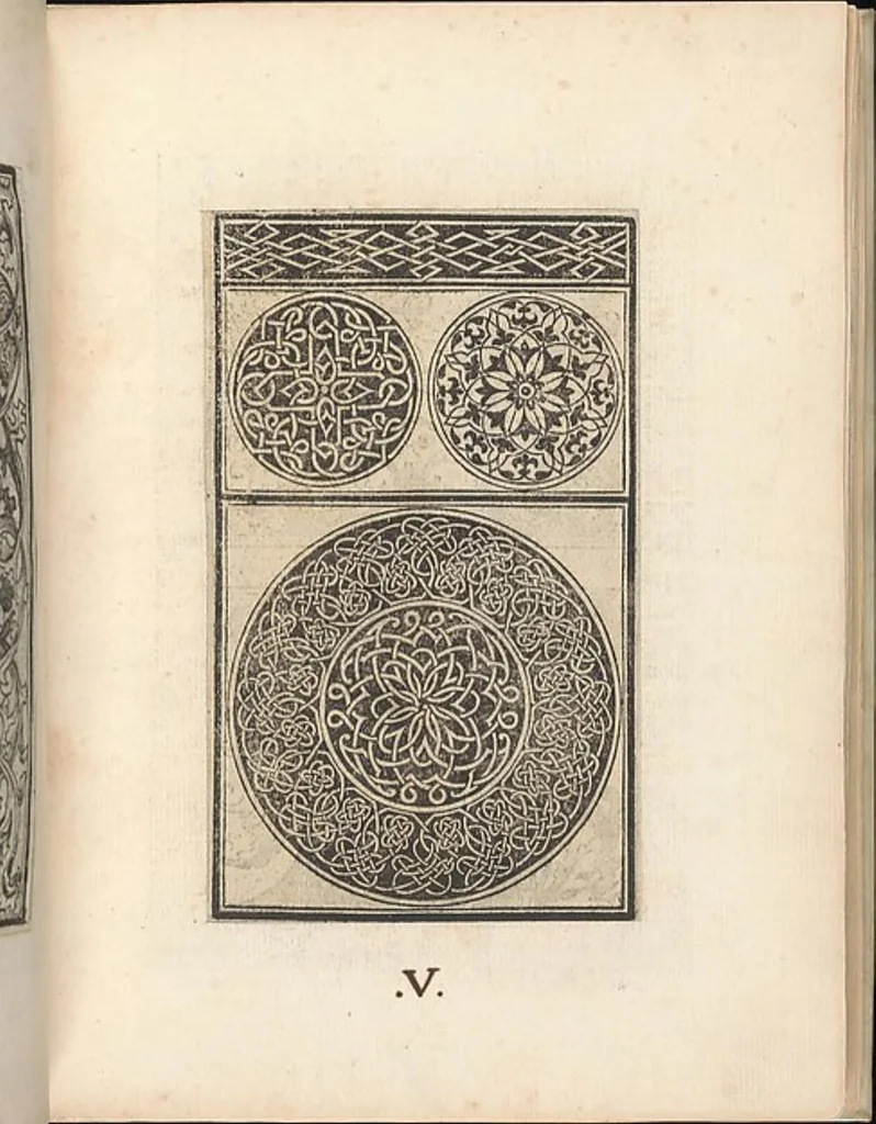An illustration from Esemplario di lavori, dove le tenere fanciullealtre donne nobile potranno facilmente imparare il modoordine di lavorare, cusire, raccamare,finalmente far tutte quelle gentilezzelodevoli opere, le quali po' fare una donna virtuosa con laco [!] in mano, con li suoi compassi, misure., 1529, leaf 7