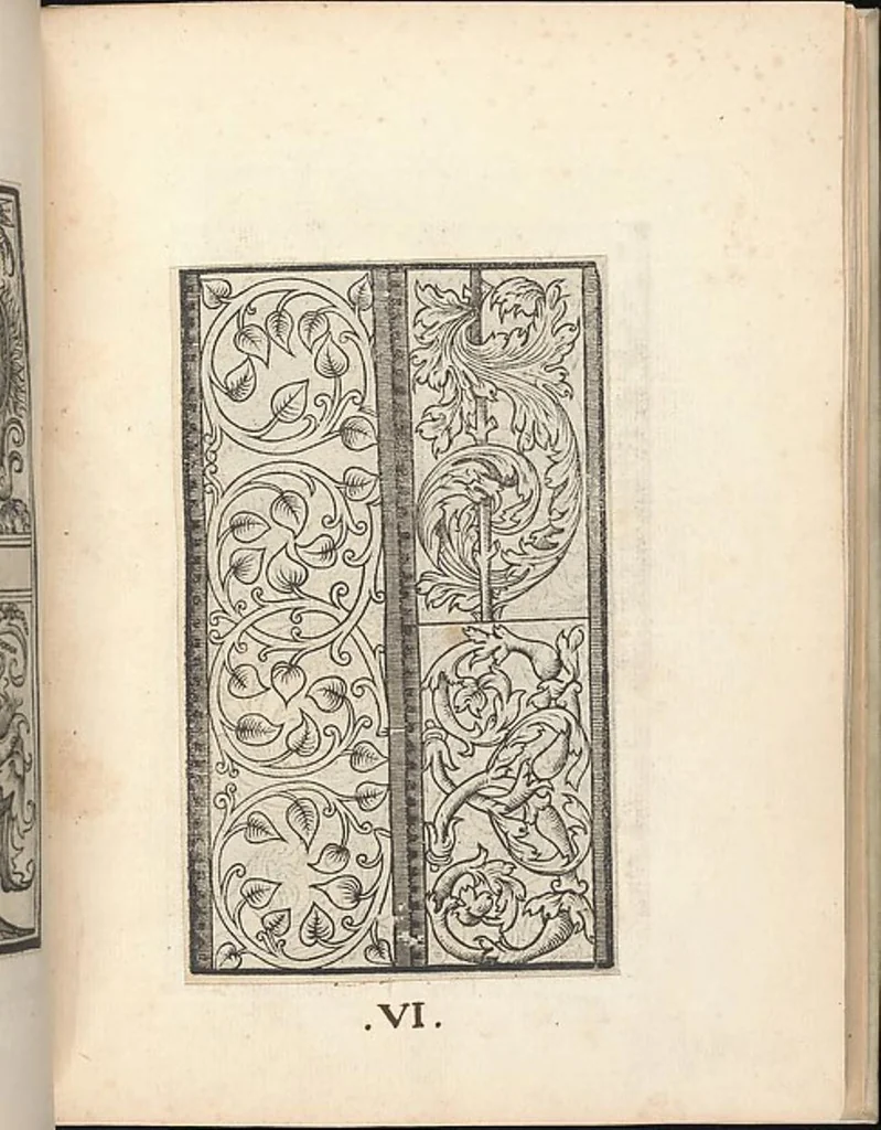 An illustration from Esemplario di lavori, dove le tenere fanciullealtre donne nobile potranno facilmente imparare il modoordine di lavorare, cusire, raccamare,finalmente far tutte quelle gentilezzelodevoli opere, le quali po' fare una donna virtuosa con laco [!] in mano, con li suoi compassi, misure., 1529, leaf 9