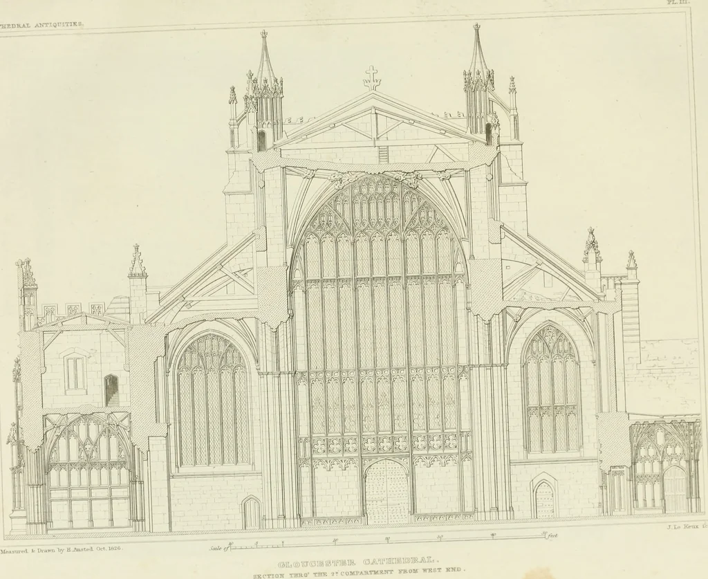 An illustration from The history and antiquities of the abbey and cathedral church of Gloucester : illustrated by a series of engravings of views, elevations, plans, and details of that edifice, with biographical anecdotes of eminent persons connected with the establishment, 1829, leaf 10