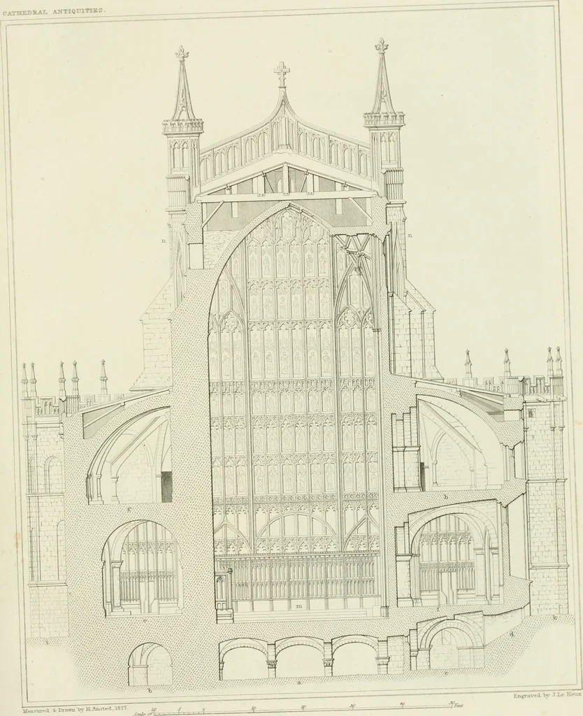 An illustration from The history and antiquities of the abbey and cathedral church of Gloucester : illustrated by a series of engravings of views, elevations, plans, and details of that edifice, with biographical anecdotes of eminent persons connected with the establishment, 1829, leaf 38