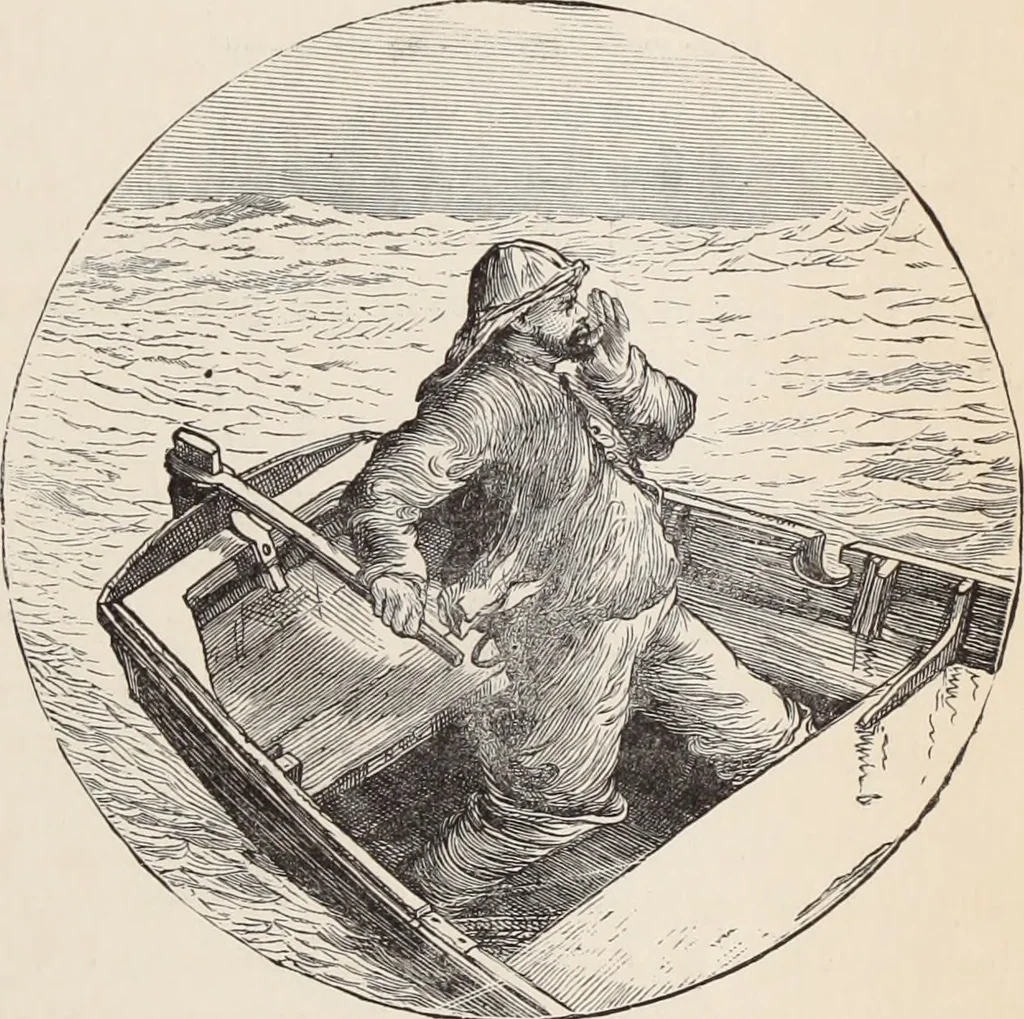 An illustration from Aboard the Mavis : it is told in this book how five boys and five girls cruise in the schooner "Mavis" about the east end of Long Island, and how, in, 1880, leaf 100