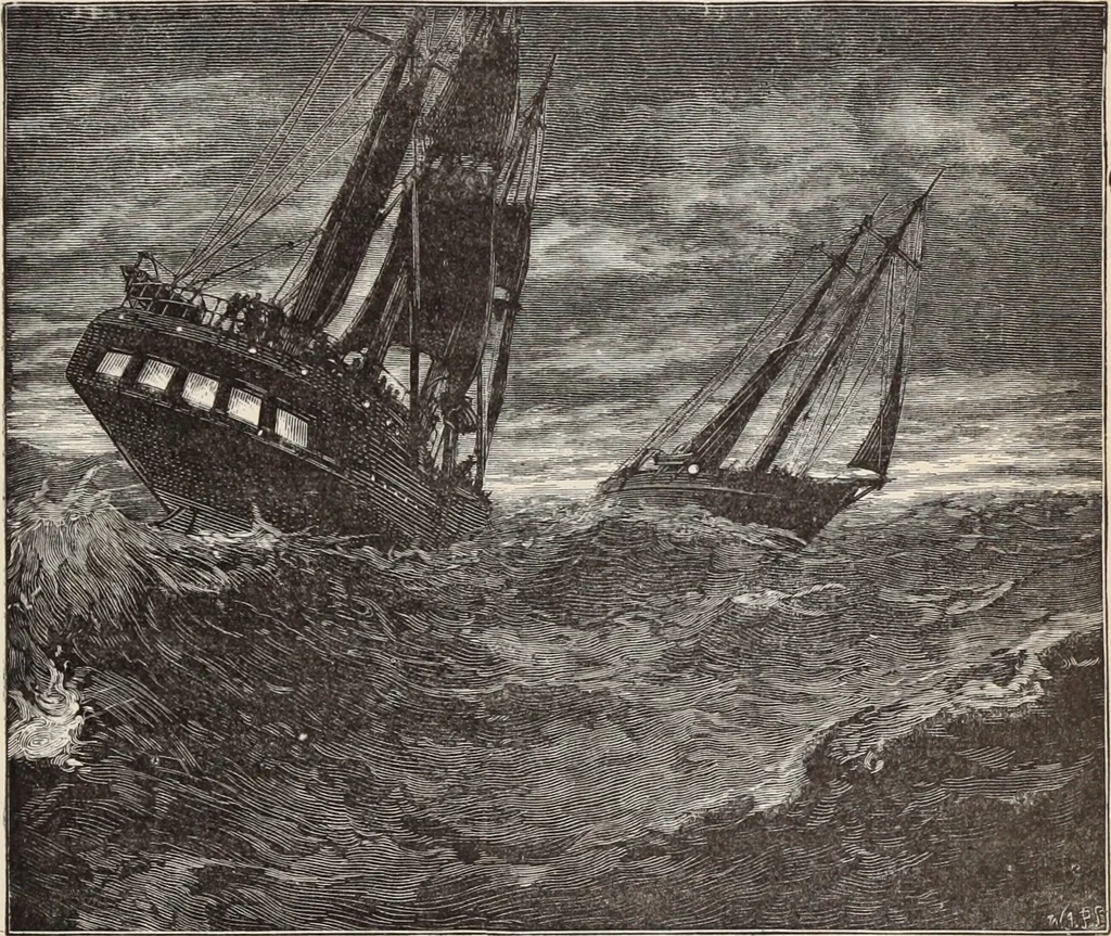 An illustration from Aboard the Mavis : it is told in this book how five boys and five girls cruise in the schooner "Mavis" about the east end of Long Island, and how, in, 1880, leaf 136