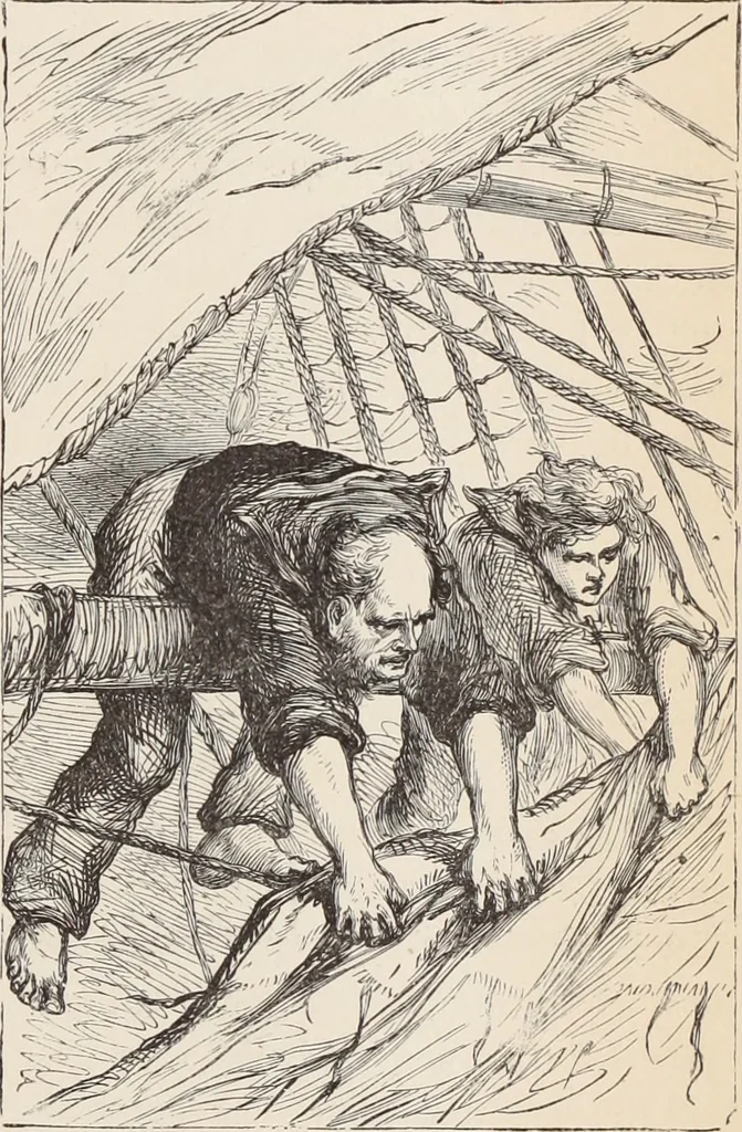 An illustration from Aboard the Mavis : it is told in this book how five boys and five girls cruise in the schooner "Mavis" about the east end of Long Island, and how, in, 1880, leaf 144