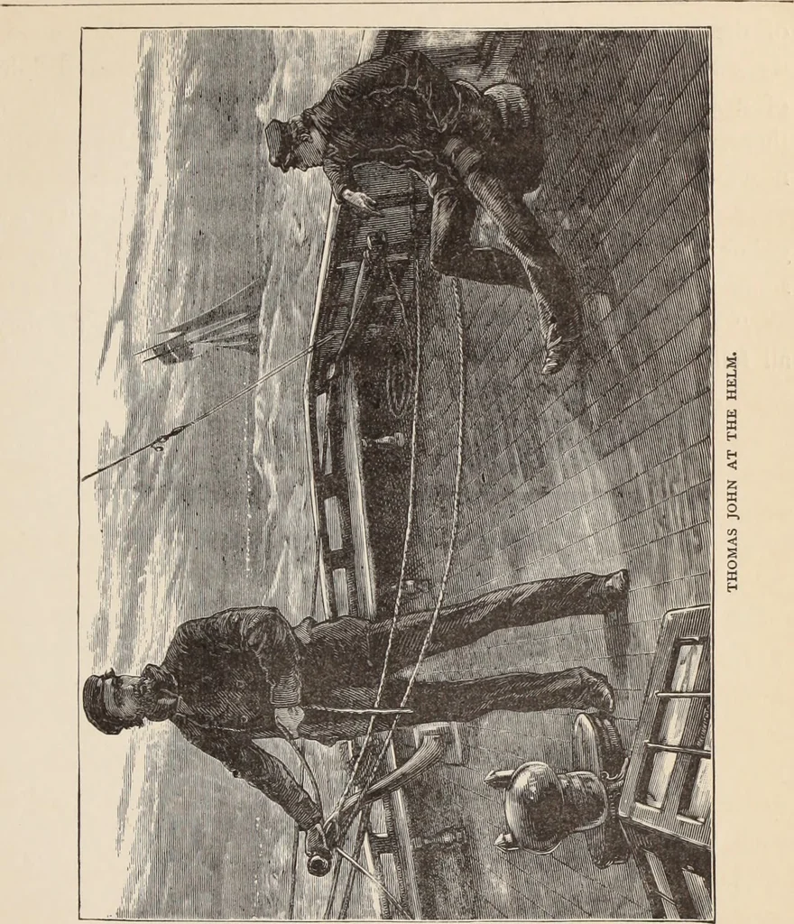 An illustration from Aboard the Mavis : it is told in this book how five boys and five girls cruise in the schooner "Mavis" about the east end of Long Island, and how, in, 1880, leaf 46