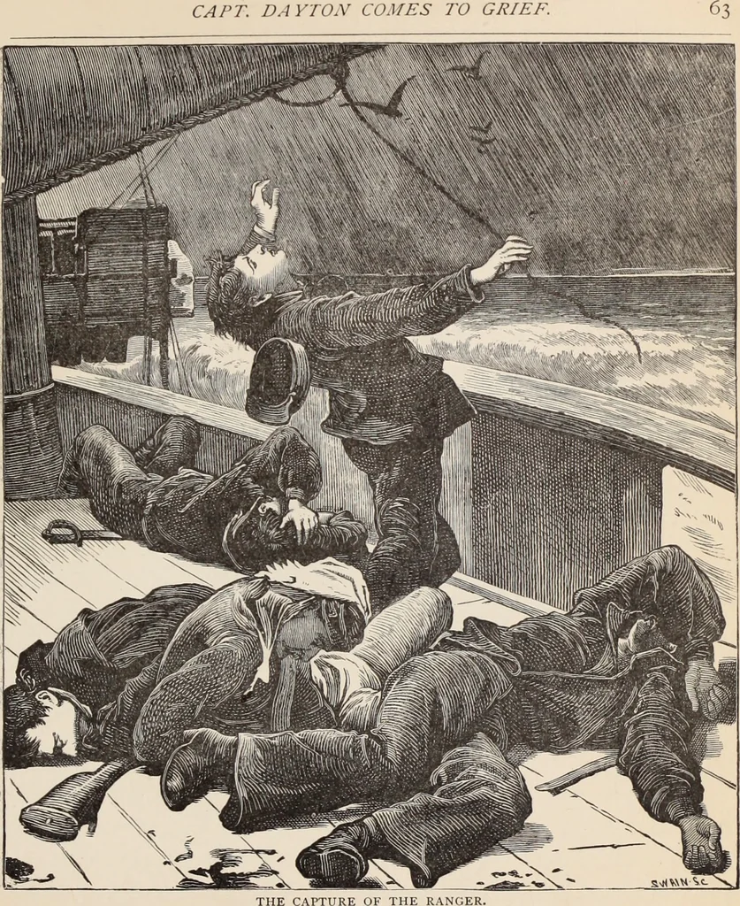An illustration from Aboard the Mavis : it is told in this book how five boys and five girls cruise in the schooner "Mavis" about the east end of Long Island, and how, in, 1880, leaf 62
