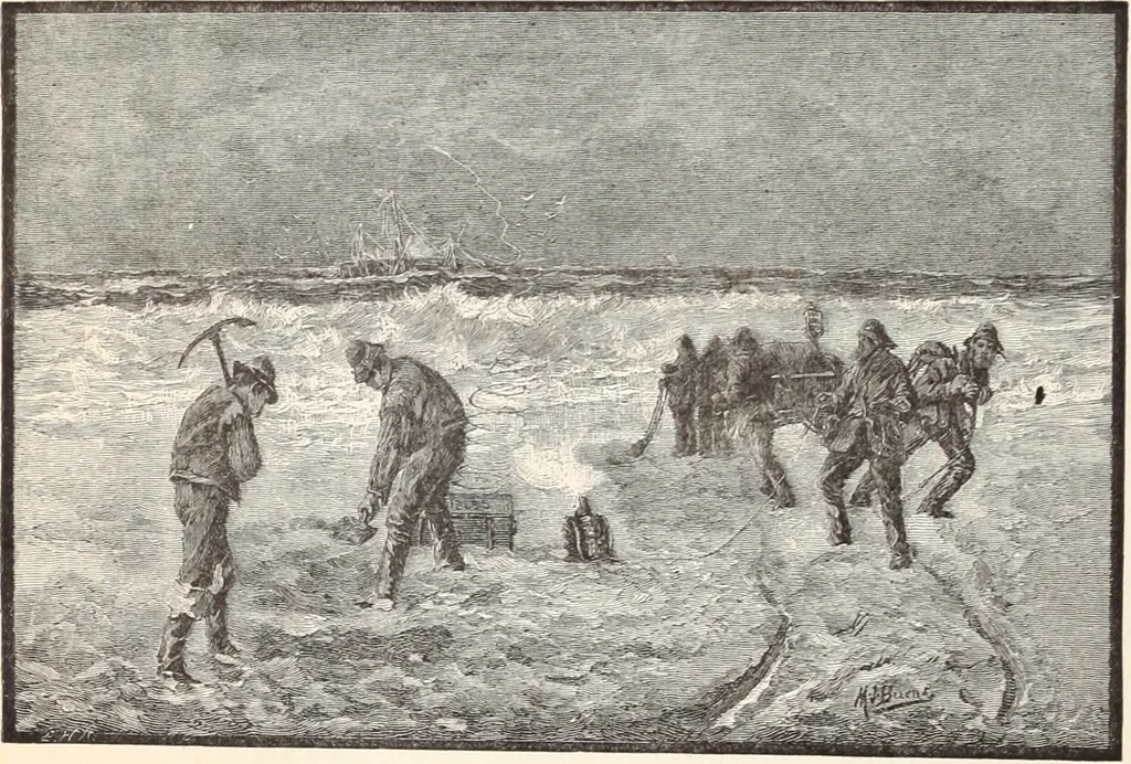 An illustration from Aboard the Mavis : it is told in this book how five boys and five girls cruise in the schooner "Mavis" about the east end of Long Island, and how, in, 1880, leaf 71