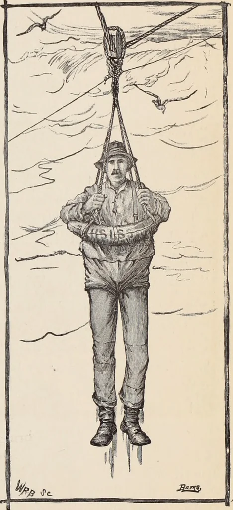 An illustration from Aboard the Mavis : it is told in this book how five boys and five girls cruise in the schooner "Mavis" about the east end of Long Island, and how, in, 1880, leaf 72