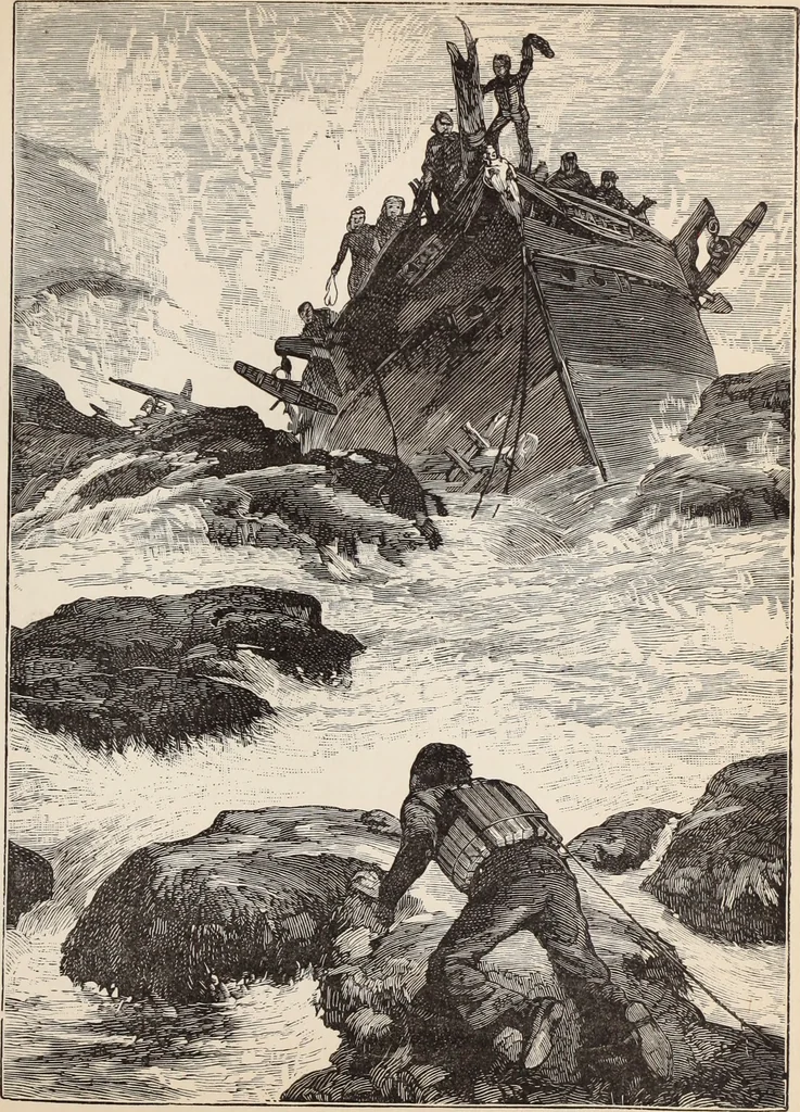 An illustration from Aboard the Mavis : it is told in this book how five boys and five girls cruise in the schooner "Mavis" about the east end of Long Island, and how, in, 1880, leaf 74