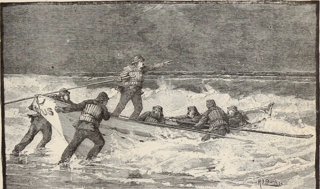 An illustration from Aboard the Mavis : it is told in this book how five boys and five girls cruise in the schooner "Mavis" about the east end of Long Island, and how, in, 1880, leaf 76